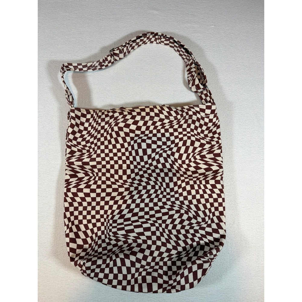 Warped Checkerboard Canvas Tote Bag Burgundy Cream Psychedelic Shoulder Bag
